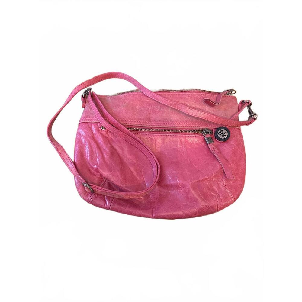 Pink Leather Crossbody Bag with Adjustable Strap by The Sac